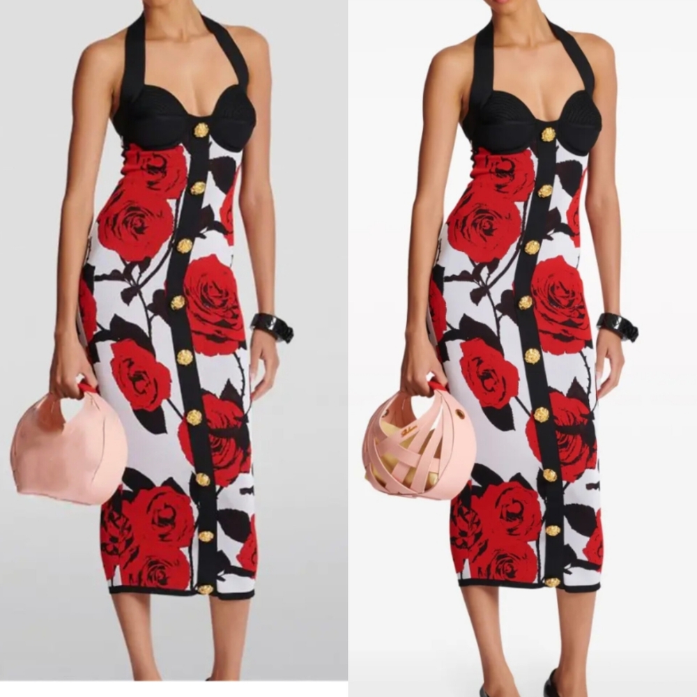 Floral Red and Black Halter Dress